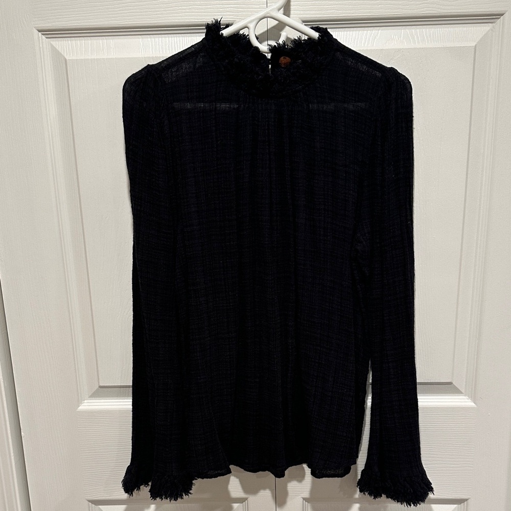 Free People One Elegant Black Women's Mockneck Top with fringe hems